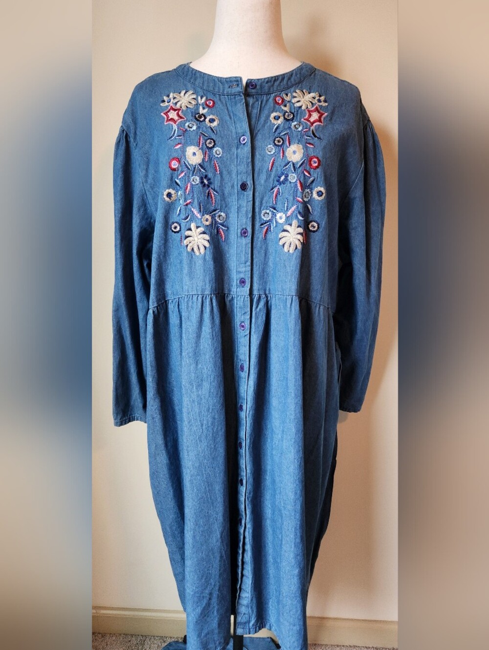 Denim Moves 4X Embroidered Denim Midi Shirt Dress Long Sleeve Band Collar Boho